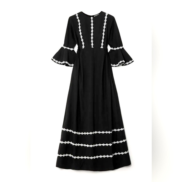 Batsheva Marina Black Cotton Poplin Dress White Trim Bell Sleeves 8 - Picture 1 of 6
